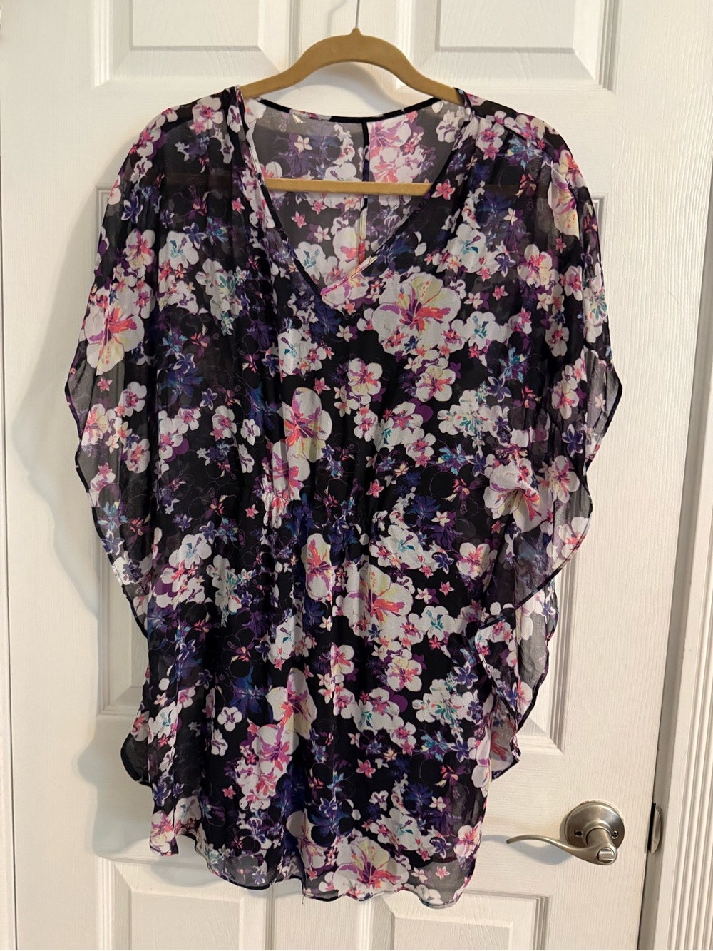 Express Sheer Floral V-Neck Tunic - Black, Purple & Pink